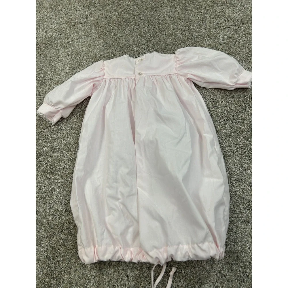 Patsy Aiken Designs Vintage Pink Embroidered Baby Gown Newborn Lace Trim #0497